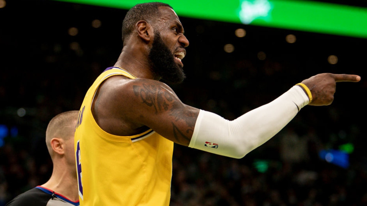 BOSTON, MASSACHUSETTS - NOVEMBER 19: LeBron James #6 of the Los Angeles Lakers reacts after scoring during the first half against the Boston Celtics at TD Garden on November 19, 2021 in Boston, Massachusetts. NOTE TO USER: User expressly acknowledges and agrees that, by downloading and or using this photograph, User is consenting to the terms and conditions of the Getty Images License Agreement. (Photo by Maddie Malhotra/Getty Images)