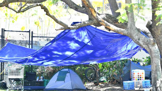 Tents in a park opposite the supreme and district courts in Brisbane. Picture: John Gass