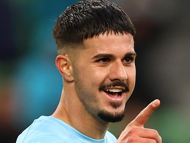 MELBOURNE, AUSTRALIA - APRIL 10: Marco Tilio of Melbourne City celebrates his second goal during the round 23 A-League Men's match between Melbourne City and Wellington Phoenix at AAMI Park on April 10, 2023 in Melbourne, Australia. (Photo by Graham Denholm/Getty Images)