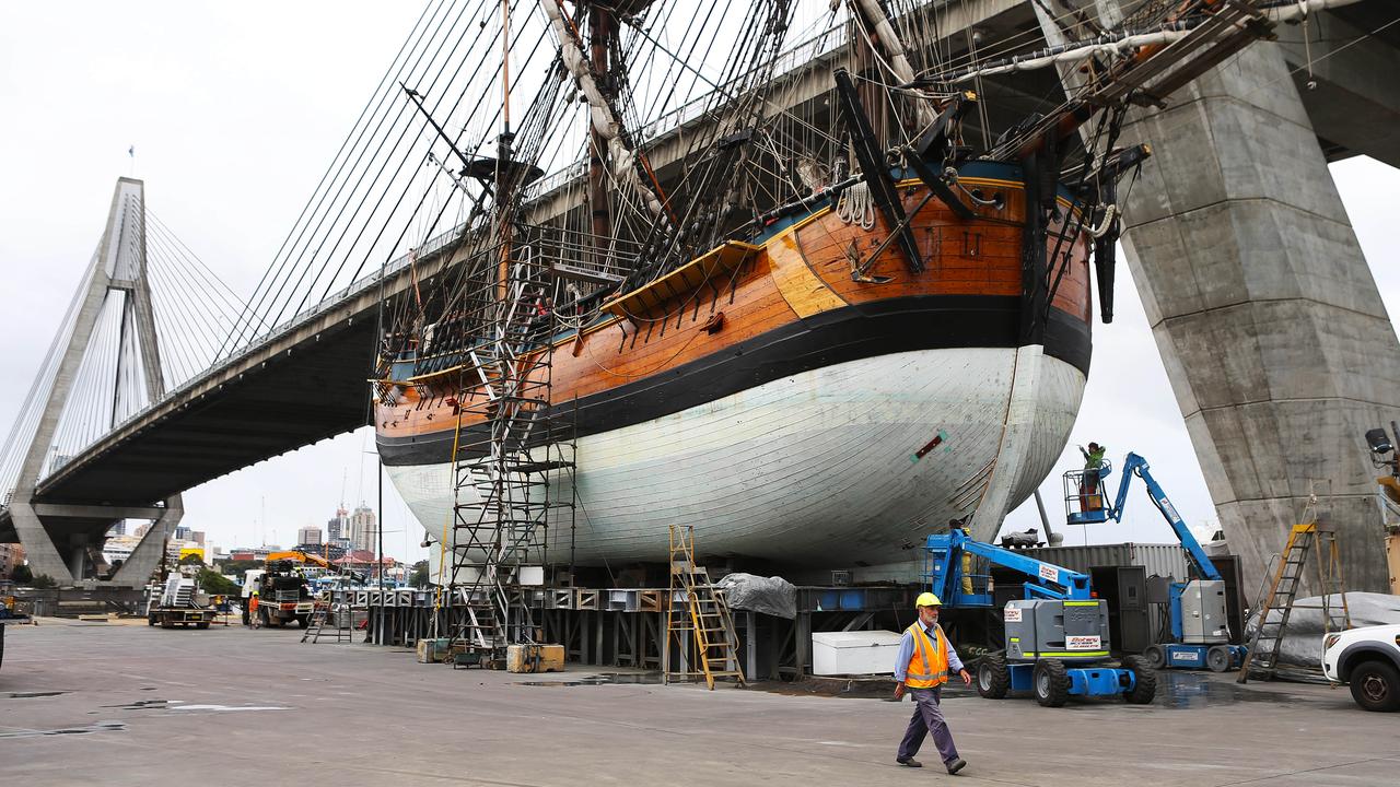 Endeavour dry dock in progress Ð Captain John Dikkenberg. Endeavour undergoing renovations at the Sydney City Marine dry dock in Rozelle, under the ANZAC bridge.