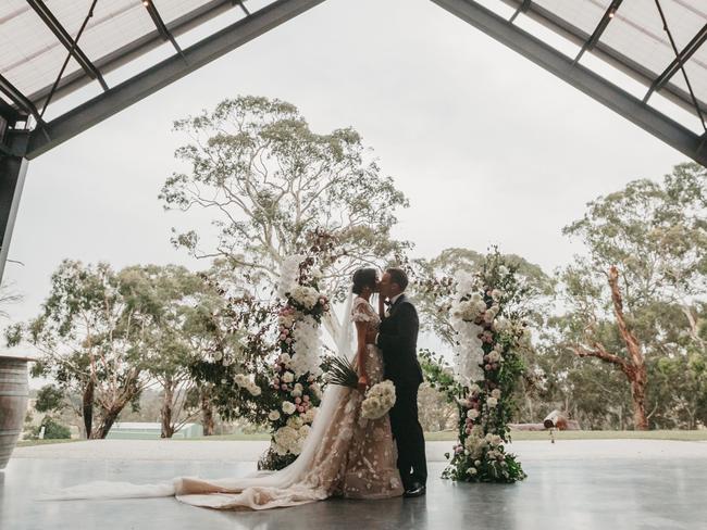 New House Rules co-host Abbey Gelmi ties the knot with Sky Racing reporter Ben Way at Lot 100 in the Adelaide Hills. Picture: Jarrad Seng.