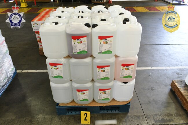 500 litres of methamphetamine was found concealed in a shipping container of food products. Picture: AFP