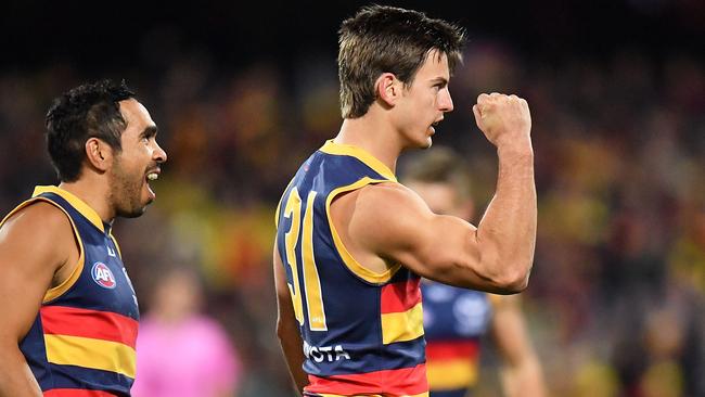 Jarryd Lyons reacts after kicking a goal at Adelaide Oval. (Photo by Daniel Kalisz/Getty Images)
