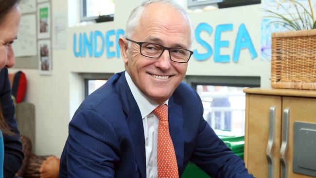 Malcolm Turnbull at Teenie Weenies Learning Centre in Panania in western Sydney today. Picture: Richard Dobson