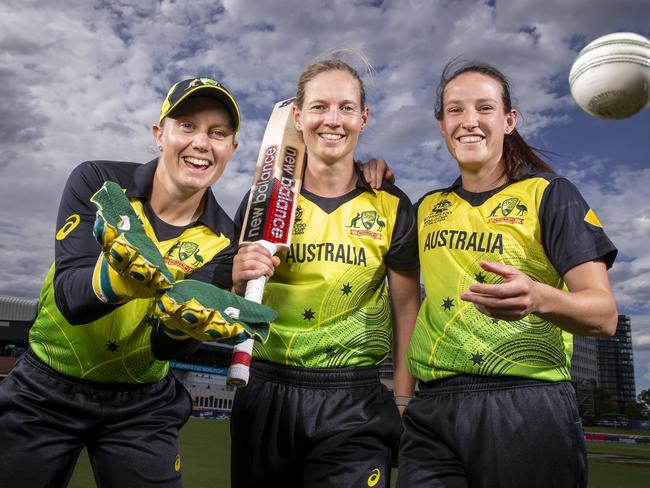 The Australian women play in a must-win World Cup match against NewZealand at the junction oval tomorrow.Alyssa Healy, Meg Lanning and Megan Schutt.Picture by Wayne Taylor 1st March 2020