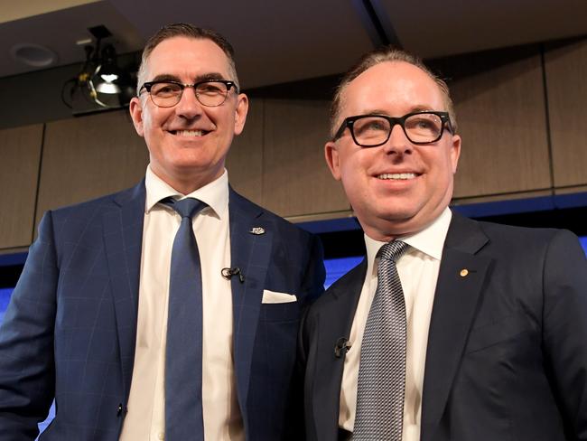 CANBERRA, AUSTRALIA - SEPTEMBER 18: Qantas CEO Alan Joyce (R) And Virgin Australia CEO Paul Scurrah arrive at National Press Club on September 18, 2019 in Canberra, Australia. The CEOs of Australia's major domestic airlines are speaking on Australia's airport monopoly. The airlines have collectively called on the Government to implement reforms proposed by the ACCC that would bring airports into line with other essential infrastructure in Australia. (Photo by Tracey Nearmy/Getty Images)