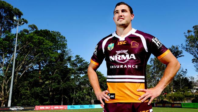 Broncos winger Corey Oates models the club’s 2017 jersey. Picture: Tara Croser.