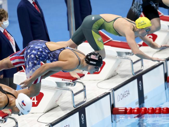 Katie Ledecky and Ariarne Titmus in the 200m freestyle final at the Tokyo 2020 Olympic Games. Picture: Jean Catuffe/Getty Images