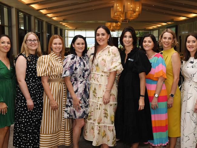 Claudia Smith, Naomi Seymore, Kirsty Keyes, Shantelle Scovell, Emma Mooney, Gina Rahmel, Rebecca Dubois, Andrea Hughes and Tracey Mayhew. Townsville Business Women's Circle, International Women's Day Luncheon at The Ville Resort Casino in 2023. Picture: Shae Beplate.