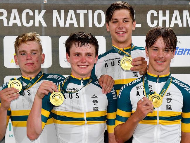 Tasmania's Sam McKee, Alex Eaves, Hayden van der Ploeg and Lachlan Oliver took out the team pursuit at the Auscycling National Track Championships. Picture: Andrew Trovas