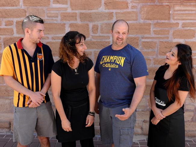 Whyalla residents Tyler Callaghan, Liz Attard, Matt Kiosoglous, a former steelworker, and Sukhrai Kaur Randhawa. Picture: Campbell Brodie