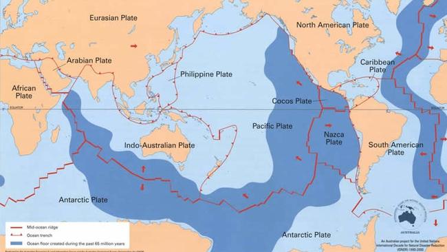 Earthquakes are common along the red lines that are the plate boundaries — fault lines. Picture: Geoscience Australia