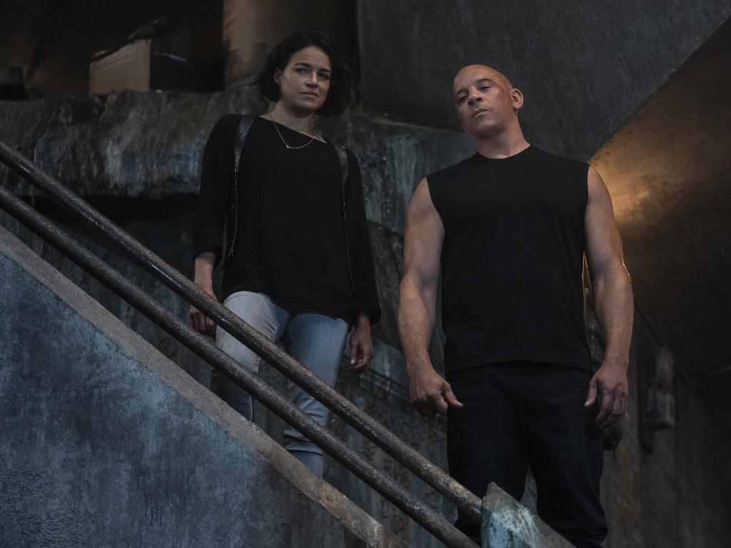 Michelle Rodriguez and Vin Diesel in a scene from Fast and Furious 9.