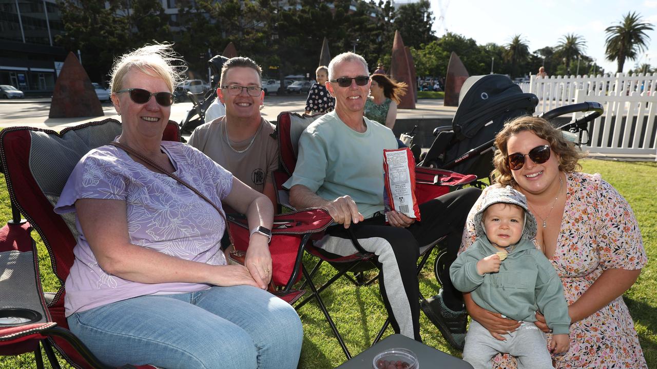 Nicola, Jamie, Geoff, Chloe and Miles Heinjus. Locals and visitors arrived early to get a good spot for the Geelong New Years Eve celebrations. Picture: Alan Barber