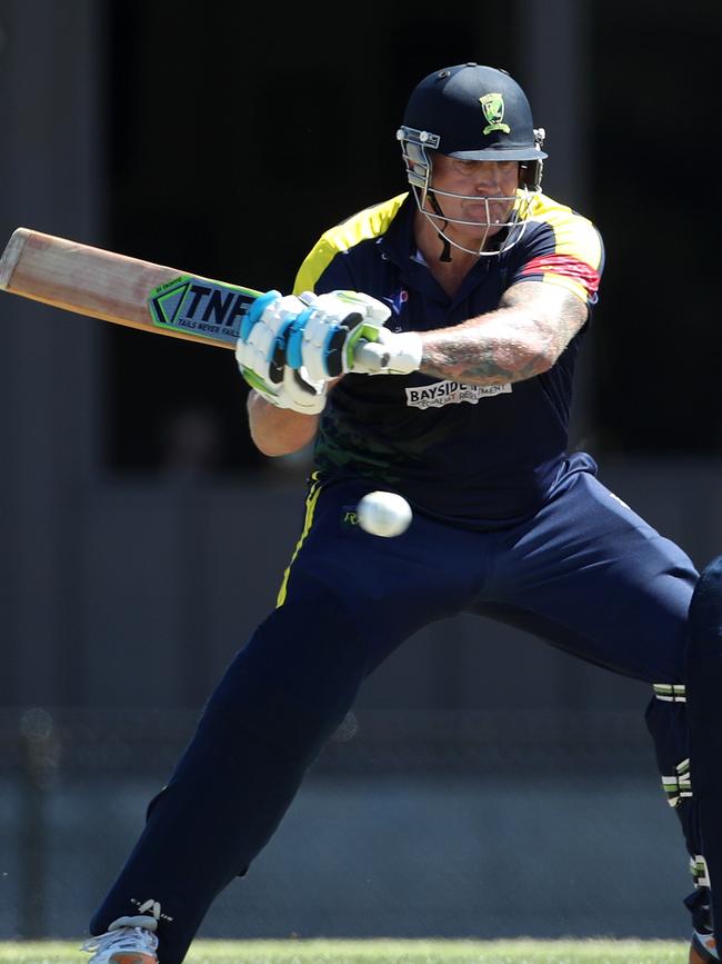 Sean Ayres carves a cut shot through the off side at Watsonia’s A.K Lines Reserve