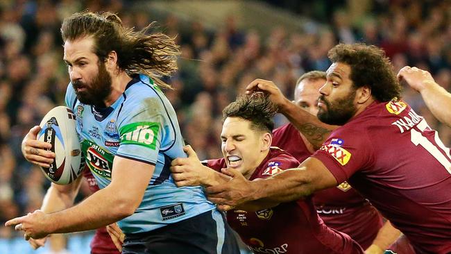 MELBOURNE, AUSTRALIA - JUNE 17: Aaron Woods of the Blues scores a try during game two of the State of Origin series between the New South Wales Blues and the Queensland Maroons at the Melbourne Cricket Ground on June 17, 2015 in Melbourne, Australia. (Photo by Scott Barbour/Getty Images)