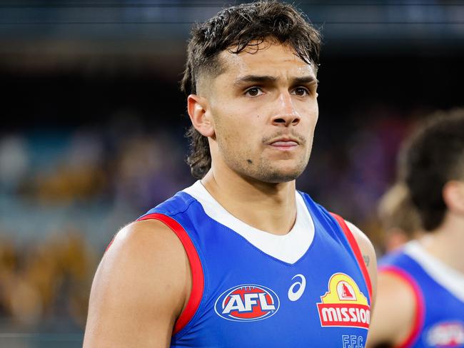 MELBOURNE, AUSTRALIA - SEPTEMBER 06: Jamarra Ugle-Hagan of the Bulldogs looks dejected after a loss during the 2024 AFL Second Elimination Final match between the Western Bulldogs and the Hawthorn Hawks at The Melbourne Cricket Ground on September 06, 2024 in Melbourne, Australia. (Photo by Dylan Burns/AFL Photos via Getty Images)