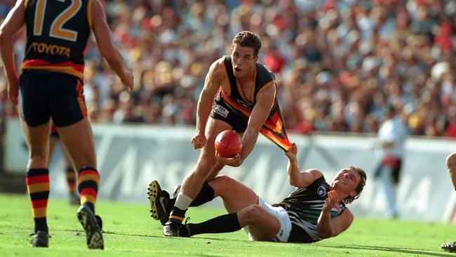 Port’s Brayden Lyle tackles Adelaide’s Brett James in Showdown I.