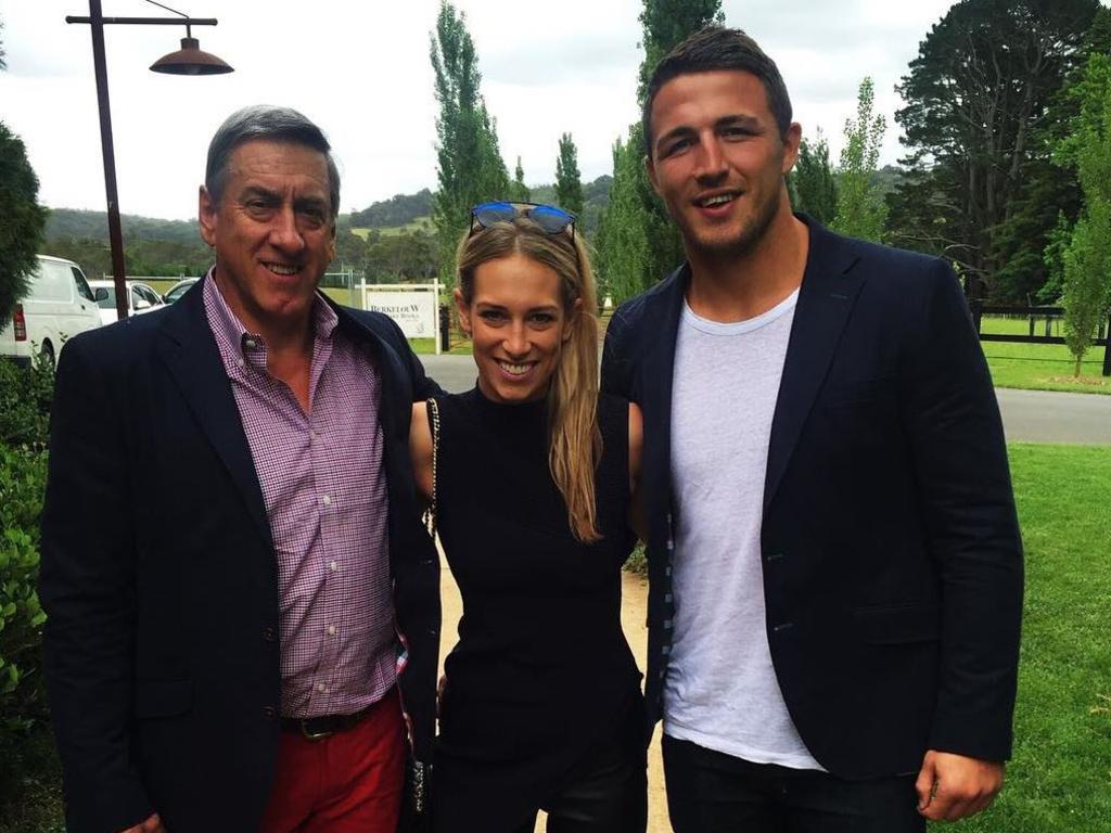 Sam Burgess has been charged over an alleged incident between him and father-in-law Mitch Hooke, pictured here with Phoebe at Mitch’s 60th birthday. Picture: Instagram