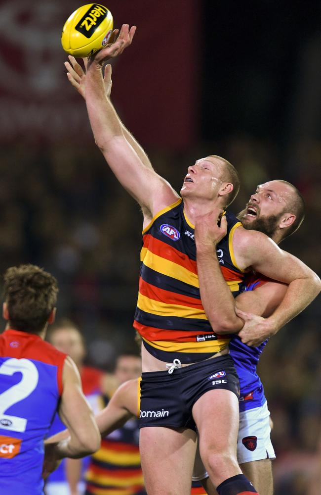 Sam Jacobs goes up against Max Gawn in the ruck. Picture: AAP Image/Sam Wundke