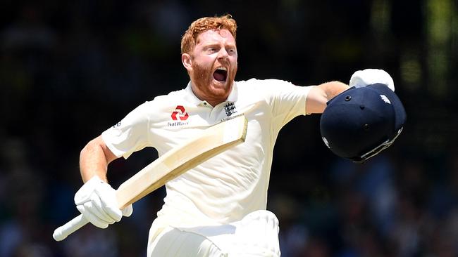 England batsman Jonny Bairstow reacts after scoring a century on Day 2 of the Third Ashes Test match between Australia and England at the WACA. Picture: AAP Image/Dave Hunt