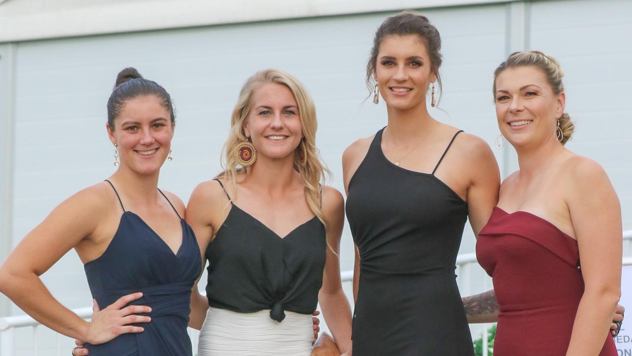 Amy Chittick, Katie Streader, Jasmine Hewitt and Amie Love as the NTFL's night of nights .Picture Glenn Campbell