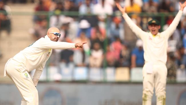 DELHI, INDIA – FEBRUARY 19: Nathan Lyon of Australiaappeals unsuccessfully for the wicket of Cheteshwar Pujara of India during day three of the Second Test match in the series between India and Australia at Arun Jaitley Stadium on February 19, 2023 in Delhi, India. (Photo by Robert Cianflone/Getty Images)