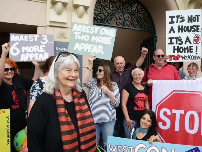 WestConnex critic Wendy Bacon (front) and supporters during a protest against homes acquisitions. Picture: Craig Wilson