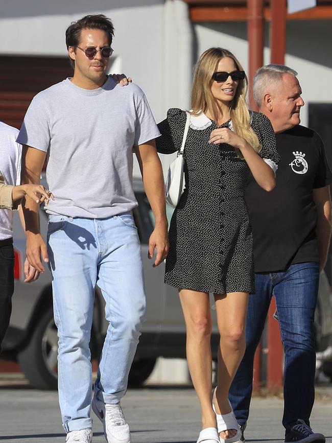 Margot Robbie and Tom Ackerley in Byron Bay. Picture: Media Mode