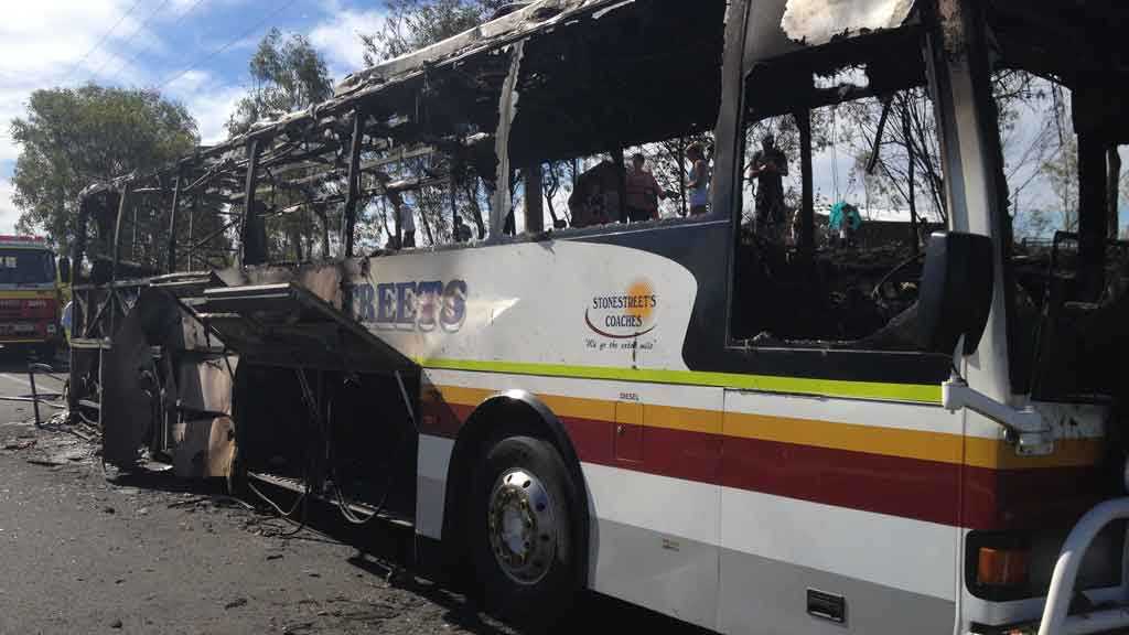 Up to 20 passengers were evacuated from this bus when it burst into flames on the Warrego Hwy just east of Toowoomba.