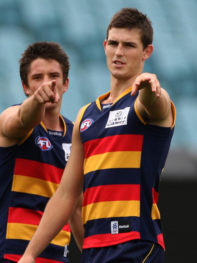 Matthew Jaensch and Phil Davis at Crows training in 2010.