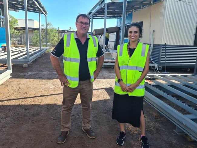 Northern Transportables project manager Ryan Hayter and Education Minister Lauren Moss.