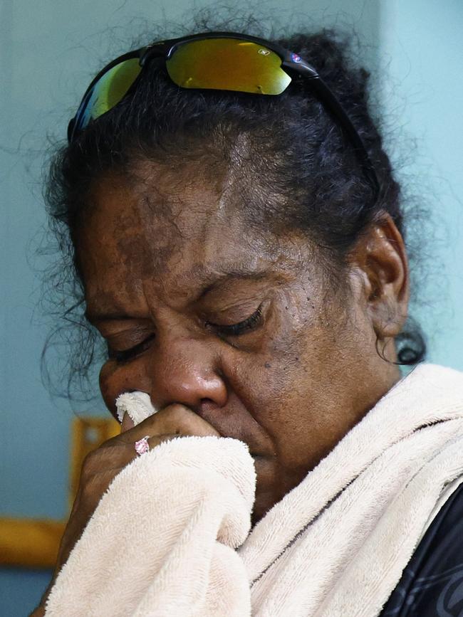 The mother of Aubrey Donahue grieves at a community meeting held at the Mareeba Community Church Fellowship in the wake of his fatal shooting. Mr Donahue, 27, was shot dead by Queensland Police officers at a Love Street home on Saturday afternoon after a tense, hours-long standoff. Picture: Brendan Radke