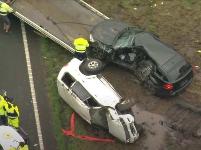 A father and son were tragically killed in Ourimbah after a crash on the M1 Pacific Motorway. Picture: 7NEWS