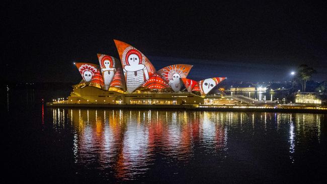 Songlines 2016 was a project that, for the first time, illuminated the Opera House sails with artworks by six Indigenous artists. Picture: Destinations NSW