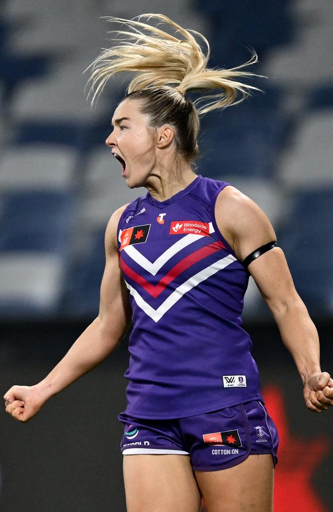 Hayley Miller celebrates a goal in Geelong. Picture: Quinn Rooney/Getty Images.