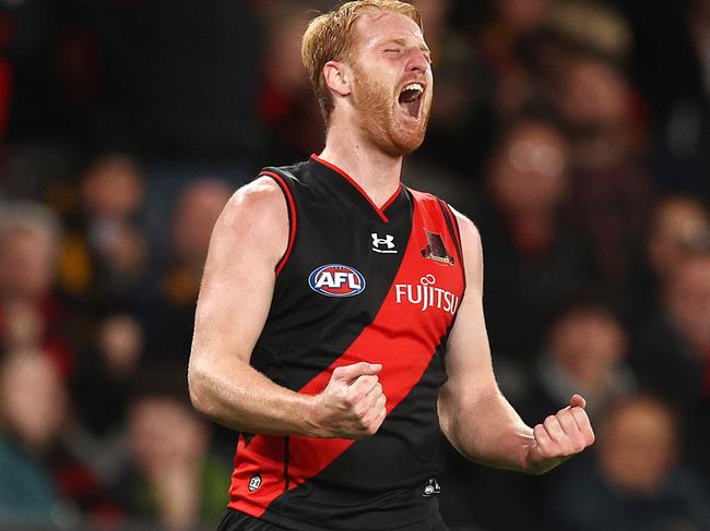 MELBOURNE. 07/05/2022.. AFL .  Essendon v Hawthorn at the Marvel Stadium, Docklands.  Aaron Francis of the Bombers points to the heavens after kicking a last qtr goal  . Photo by Michael Klein