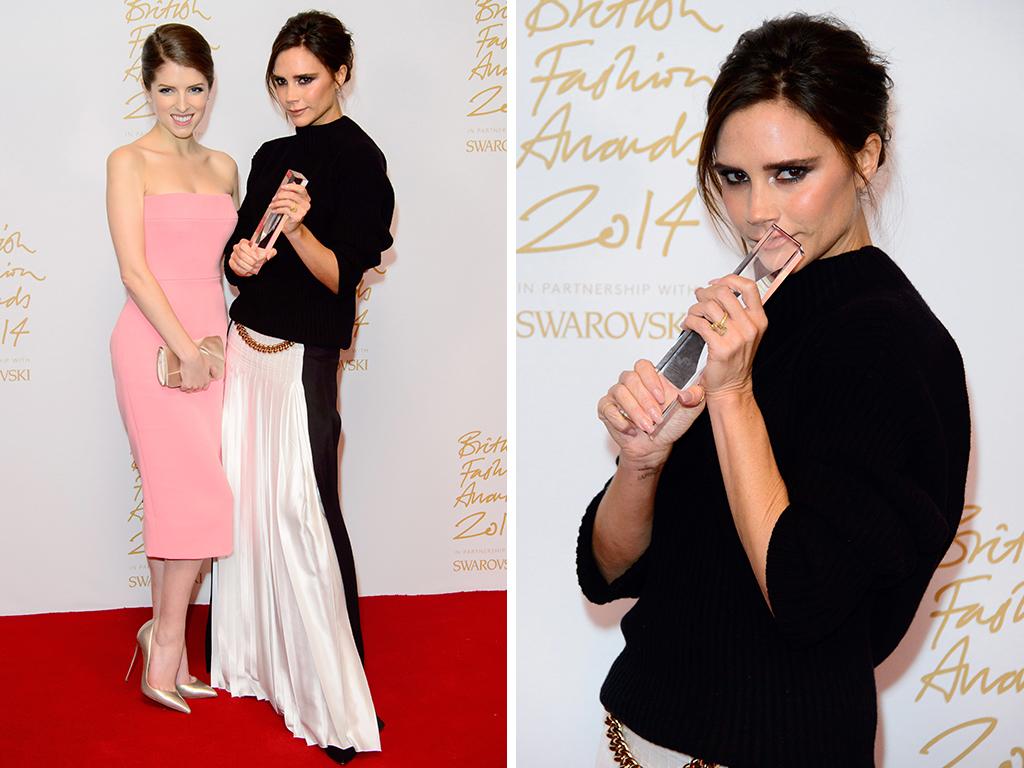 Anna Kendrick and Brand winner Victoria Beckham pose in the winners room at the British Fashion Awards at London Coliseum on December 1, 2014 in London, England. Picture: Getty