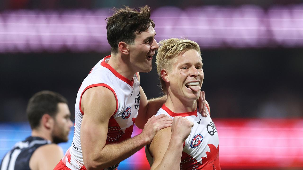 Likely 2024 All-Australians Errol Gulden (left) and Isaac Heeney were both recruited by Sydney through the academy bidding process. Picture: Mark Metcalfe / Getty Images