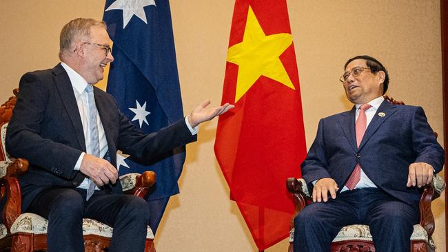 Anthony Albanese with Vietnamese Prime Minister Pham Minh Chinh at the ASEAN summit in Laos on Friday. Picture: PMO