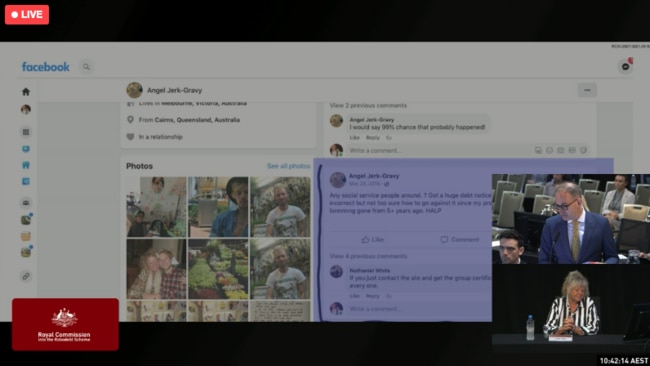 A Facebook post shown by Rhys shown to the hearing asking for help with Centrelink debt.