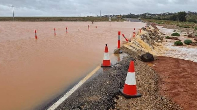 Olympic Dam Highway between Woomera and Pimba was closed due to flooding. Picture: Marcus Hiam