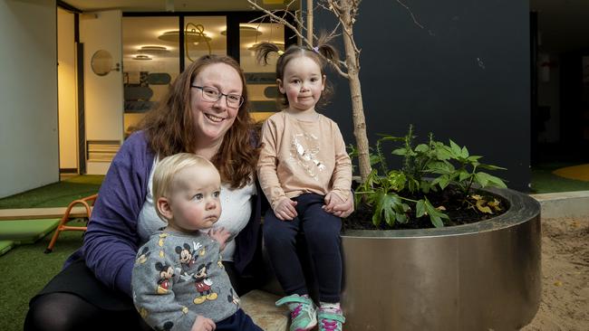 The cost of childcare is making parents reluctant to have more kids. Allison Goldsmith with her children Clara 2 and Toby 11 months. Picture: Richard Jupe.