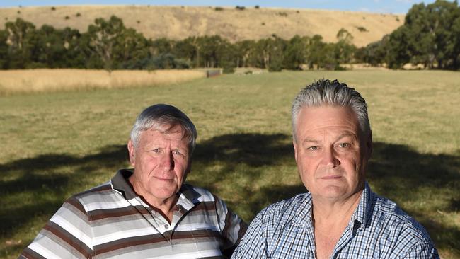 Sunbury Residents’ Association president Peter Free and vice-president Trevor Dance with the site of proposed development behind them. Picture: Kylie Else