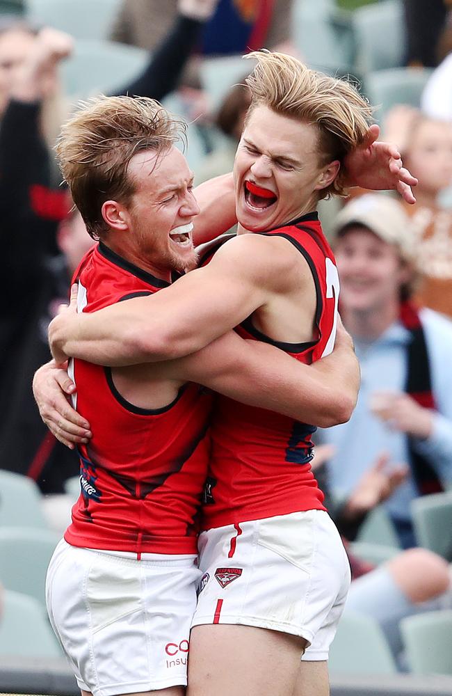 Essendon's Ned Cahill celebrates his first goal with Darcy Parish. Picture: Sarah Reed