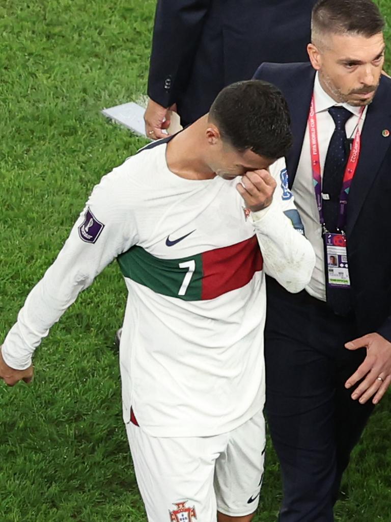 Cristiano Ronaldo leaves the field. Photo by Alexander Hassenstein/Getty Images.