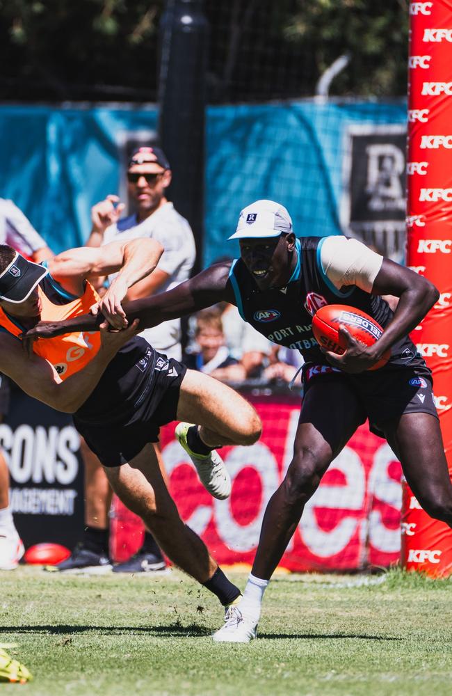 Port Adelaide defender Aliir Aliir in action at Alberton. Picture: Port Adelaide FC