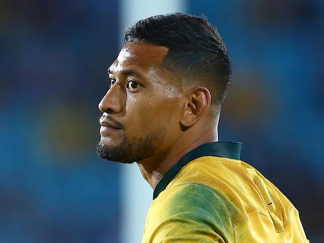 GOLD COAST, AUSTRALIA - SEPTEMBER 15: Israel Folau of the Wallabies looks dejected during The Rugby Championship match between the Australian Wallabies and Argentina Pumas at Cbus Super Stadium on September 15, 2018 in Gold Coast, Australia. (Photo by Jono Searle/Getty Images)