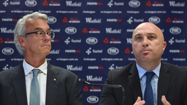 Professional Footballers Association CEO John Didulica (R), pictured with FFA CEO David Gallop (left), argues there is no point talking about pre/rel at this stage of the A-League’s development. Picture: AAP Image/Dean Lewins