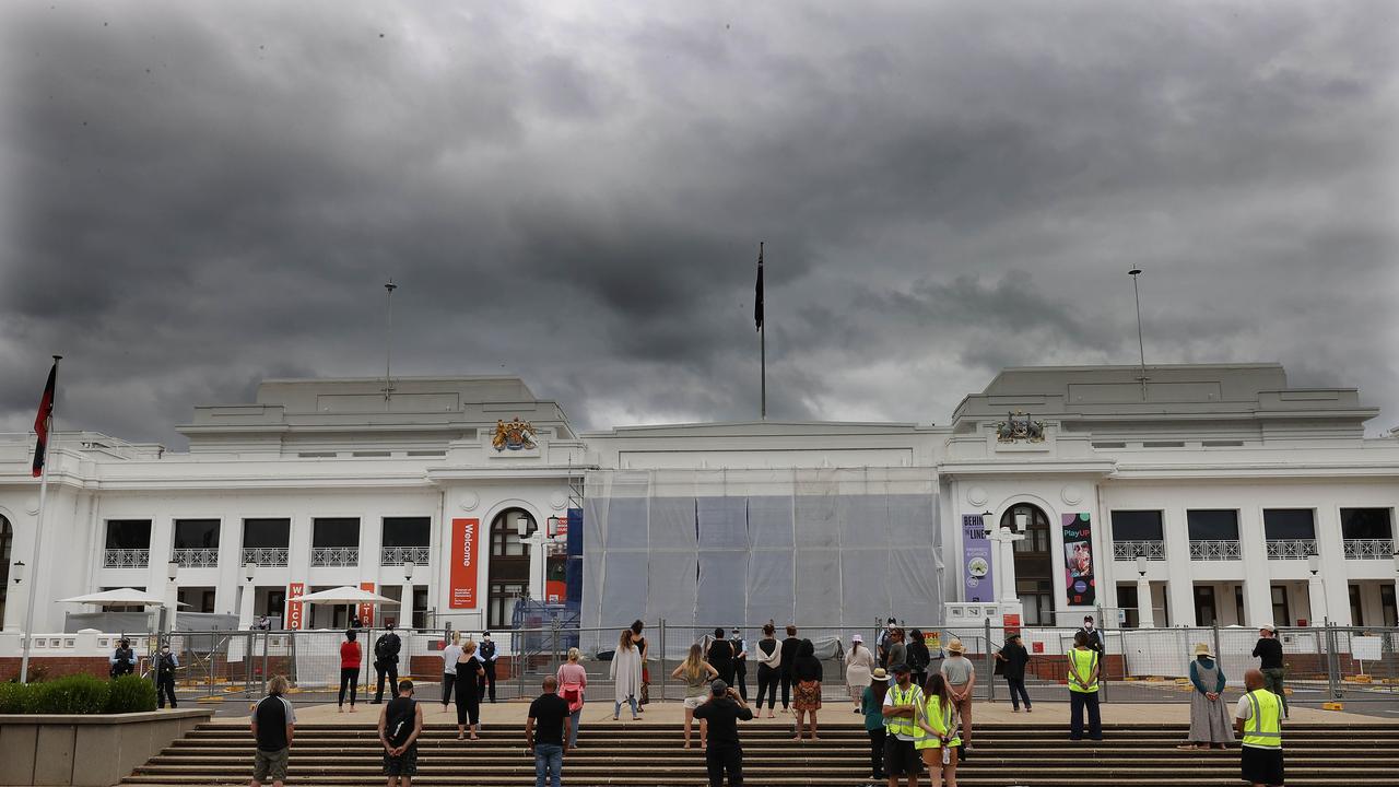 The front of Old Parliament House was damaged in a fire allegedly lit by the protesters. Picture: NCA NewsWire / Gary Ramage